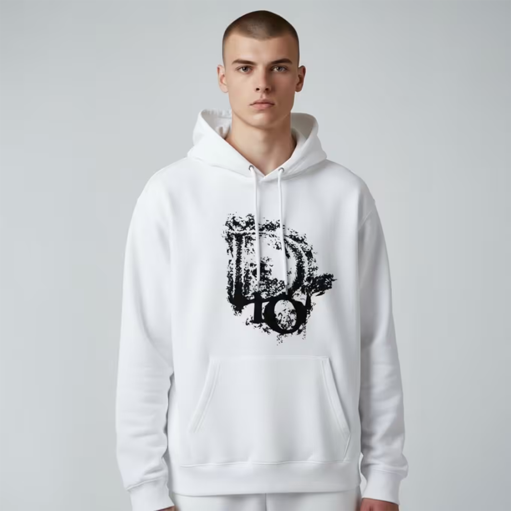 White Dior Black Embroidery Logo Premium Quality Hoodie