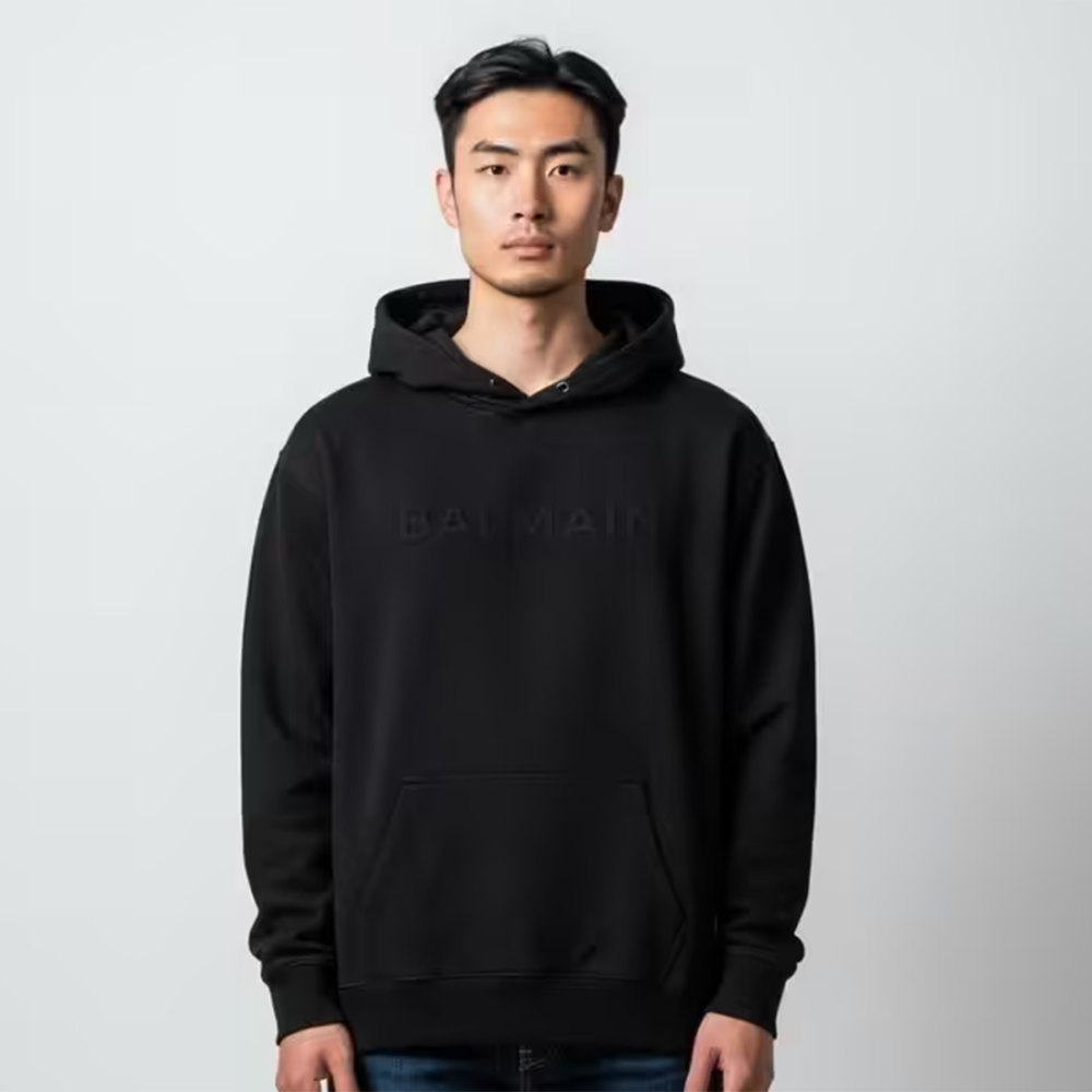Balmain Black Tonal Velvet Logo Hoodie