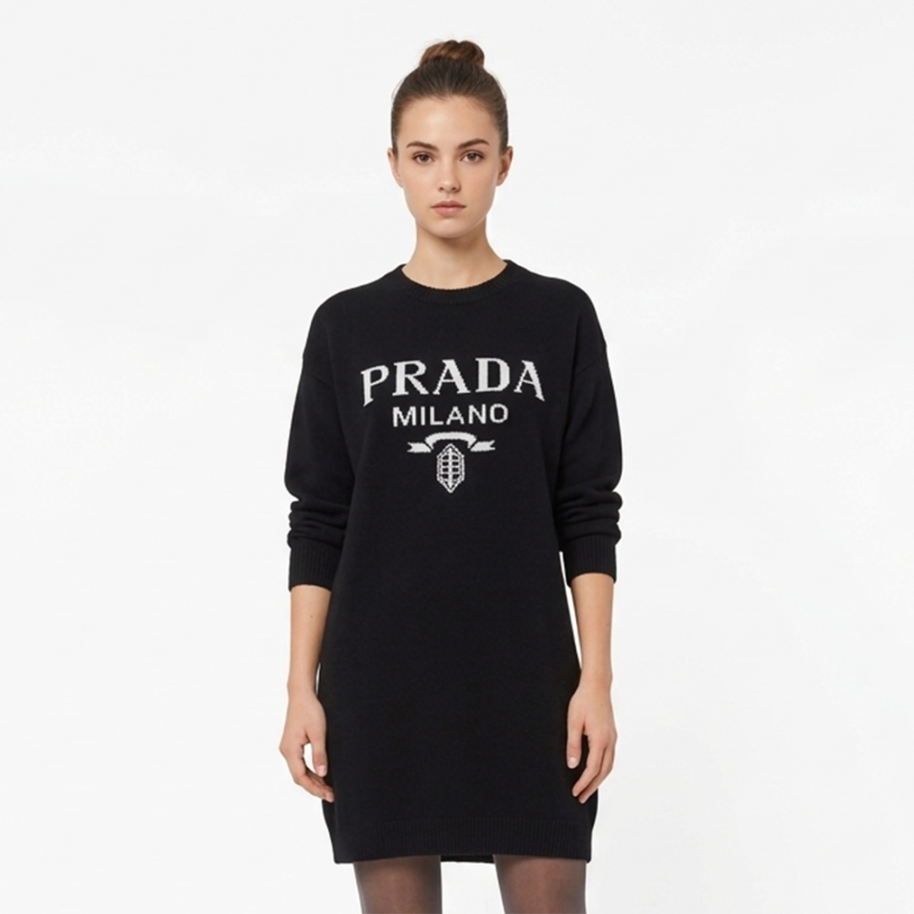 Black Prada Logo Intarsia Brown Knit Dress