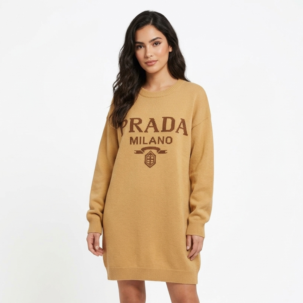 Prada Logo Intarsia Brown Knit Dress