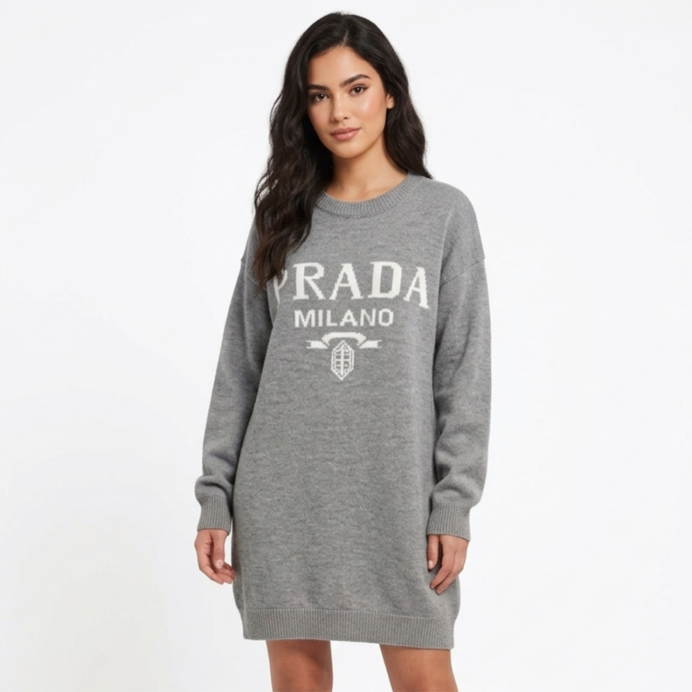 Grey Prada Logo Intarsia Brown Knit Dress