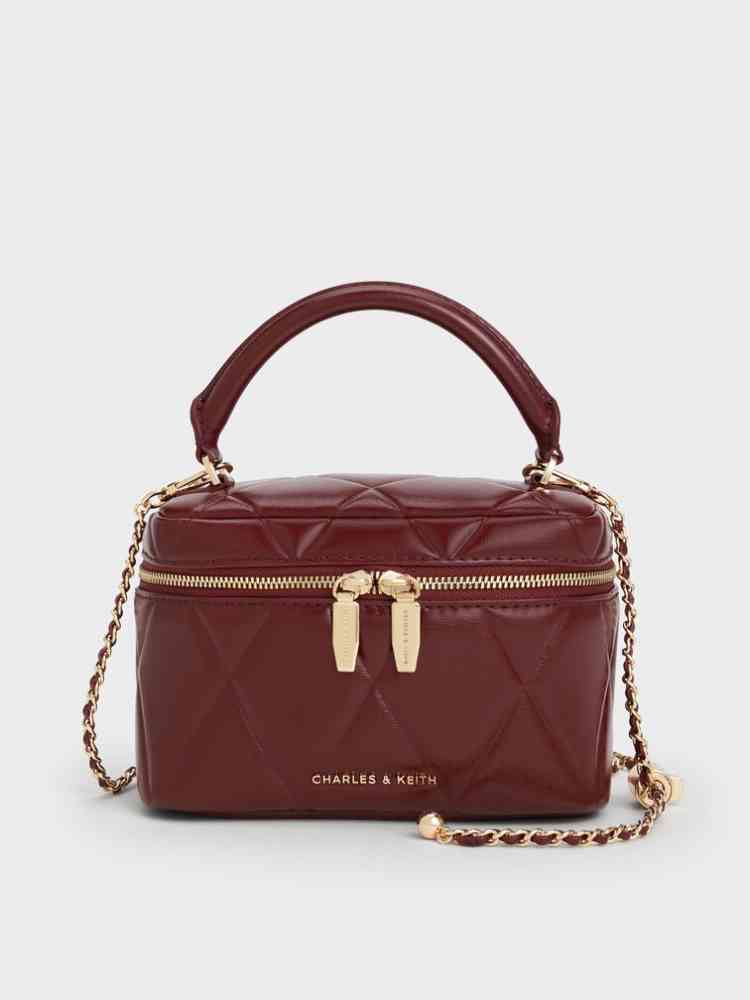 Red Charles & Keith Arwen Quilted Pearl Black Vanity Bag