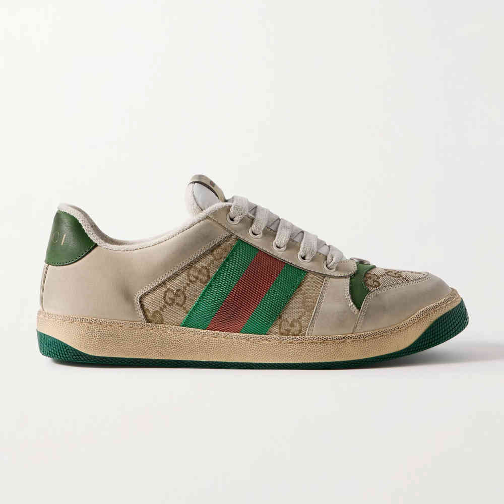 Beige Gucci Screener Leather Sneaker with Multicolor GG Fabric