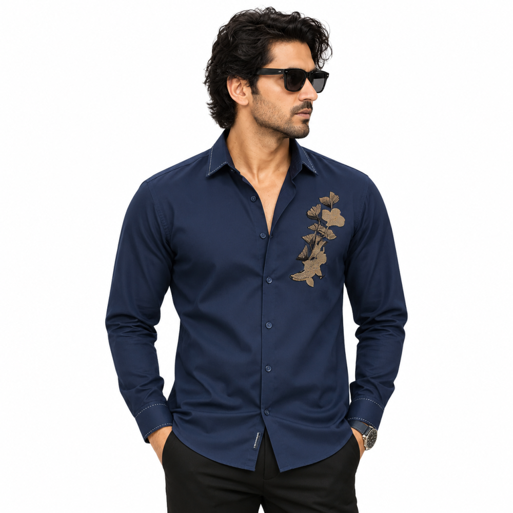 Blue Sabhyasachi Embroidered Wine Premium Cotton Shirt