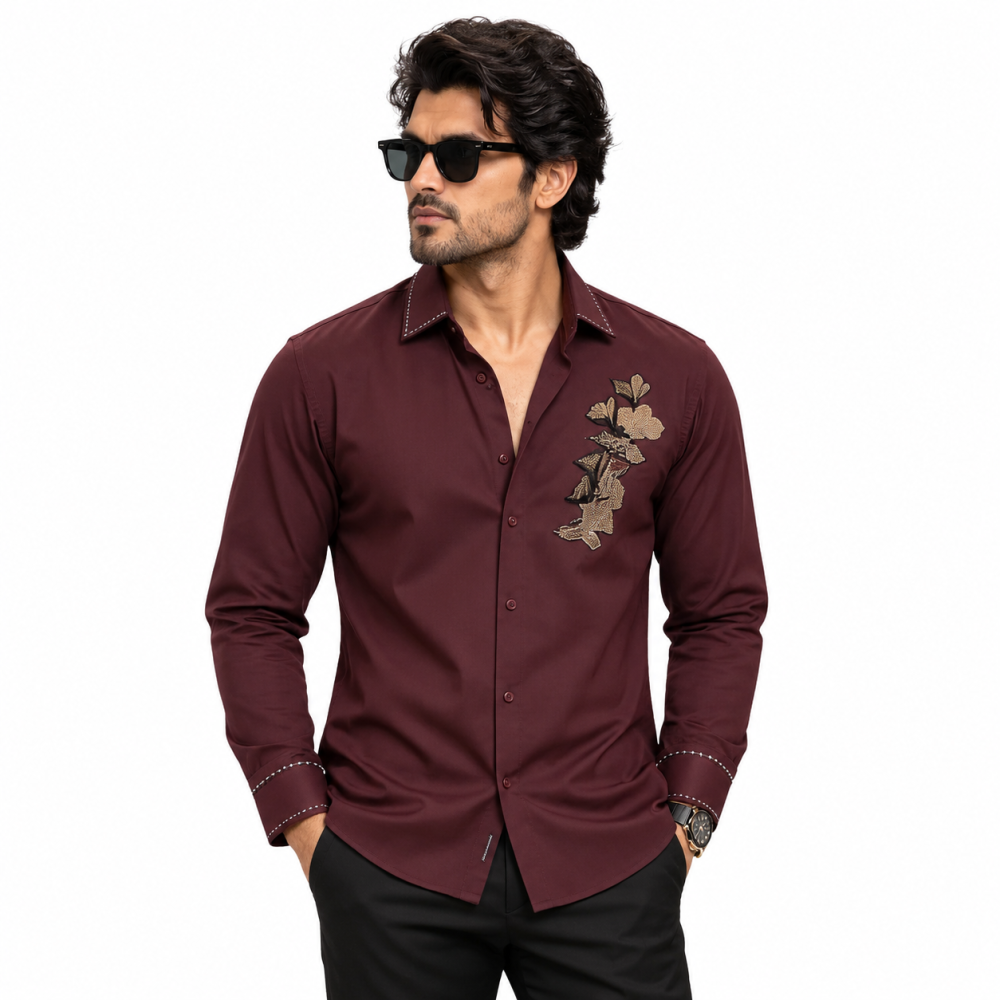 Sabhyasachi Embroidered Wine Premium Cotton Shirt