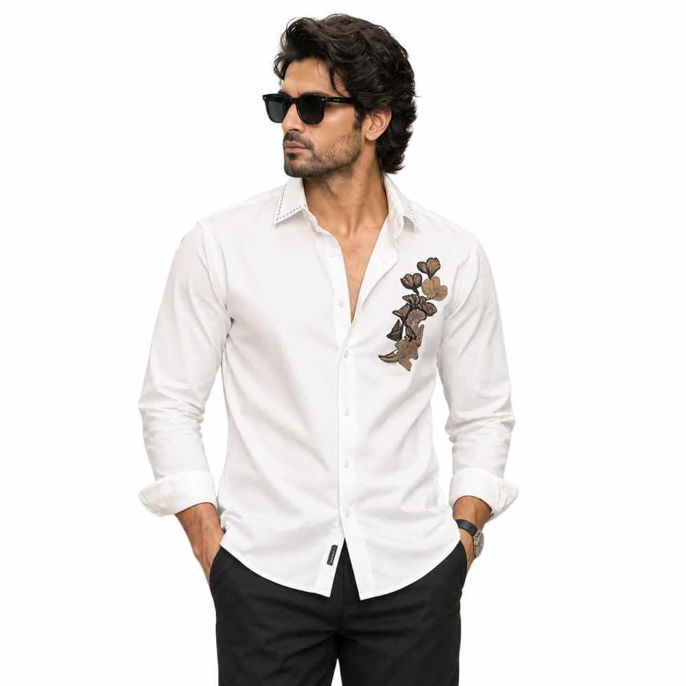 White Sabhyasachi Embroidered Wine Premium Cotton Shirt