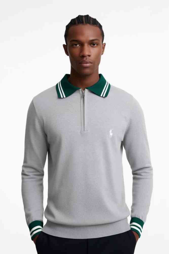 Grey Ralph Lauren Blue Premium Collar Full Sleeves T-shirt