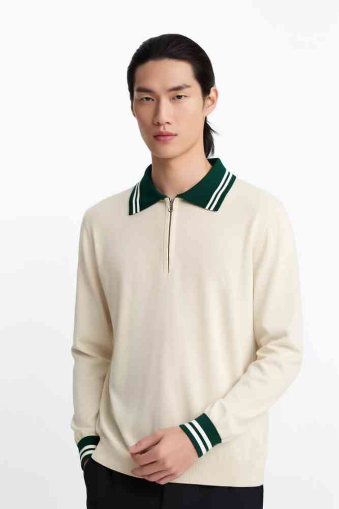 Cream Ralph Lauren Blue Premium Collar Full Sleeves T-shirt