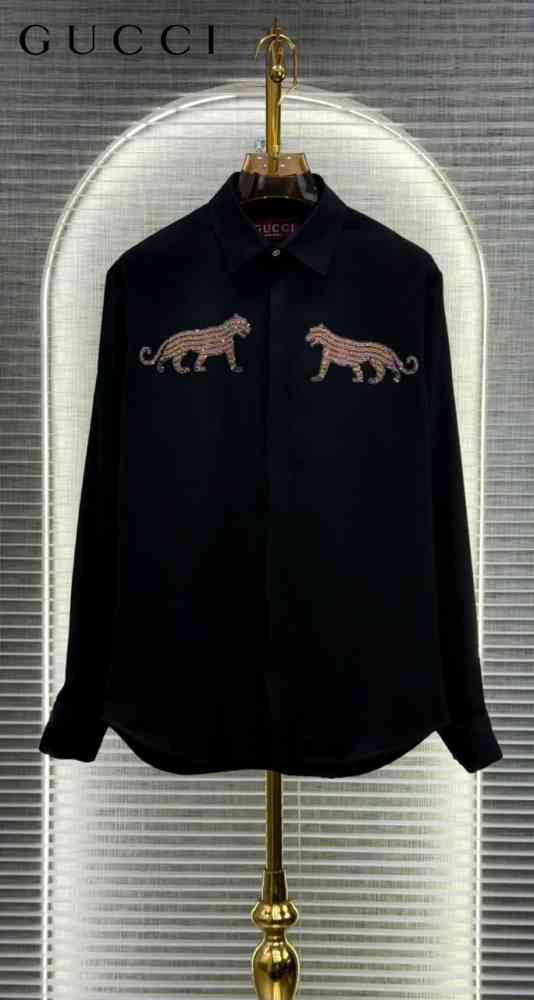 Black Gucci Leopard and White Panther Black Cotton Shirt