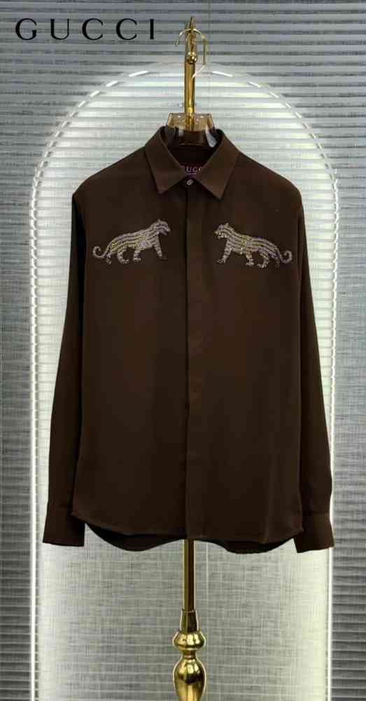Brown Gucci Leopard and White Panther Black Cotton Shirt
