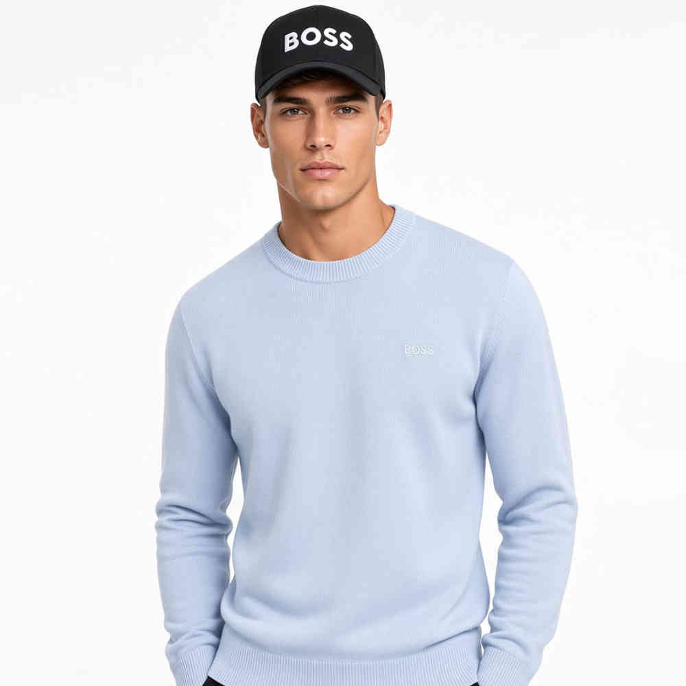Sky Blue BOSS Pacas Regular Fit Knitted Beige Crewneck Sweater