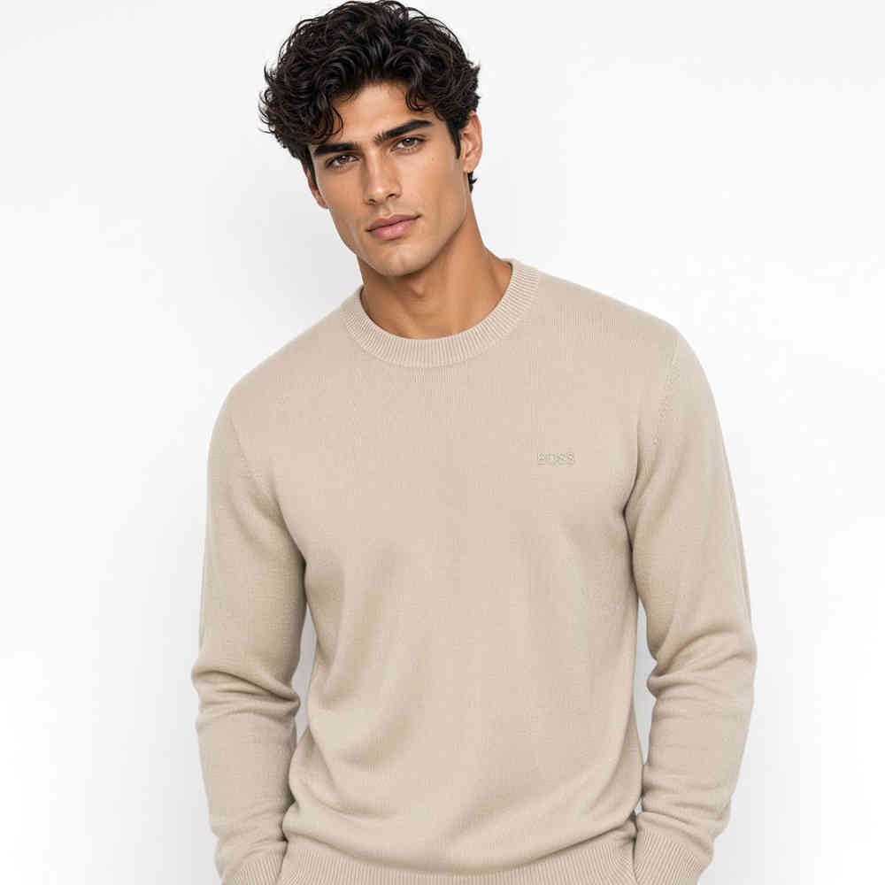 BOSS Pacas Regular Fit Knitted Beige Crewneck Sweater