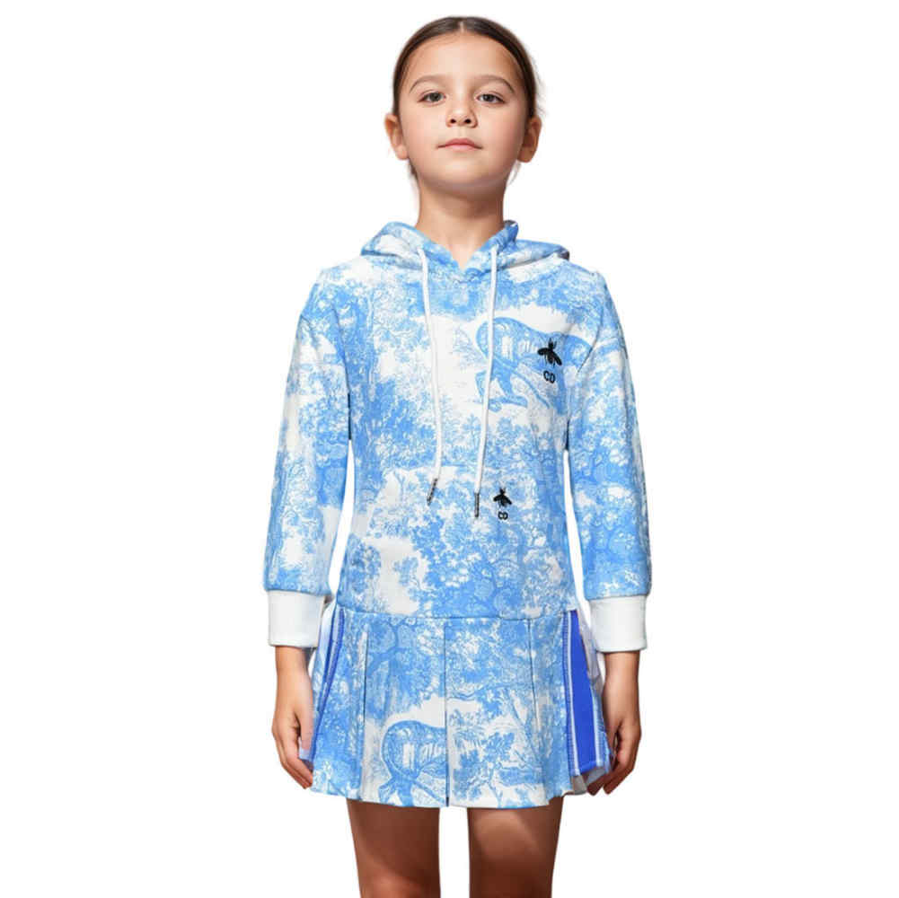 Dior Bee Embroidery Blue & White Premium Girls Dress