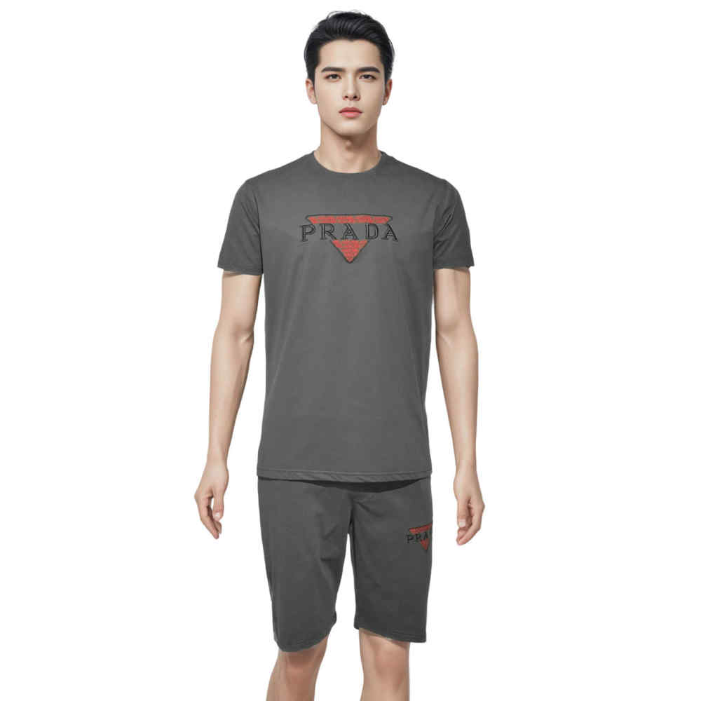 Prada Embroidered Grey Premium T-shirt & Shorts Combo