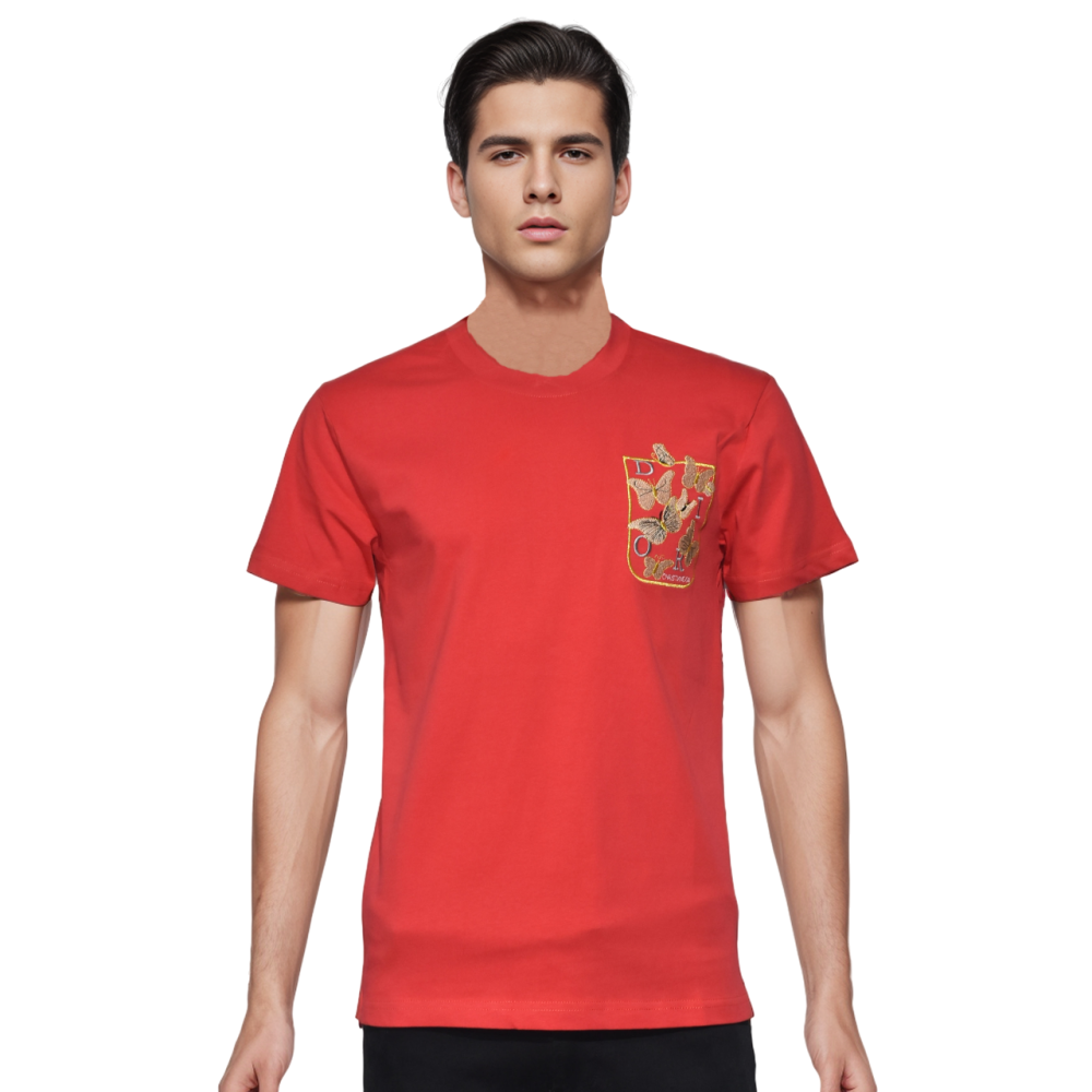 Dior Butterfly Embroidery Pocket Red T-shirt