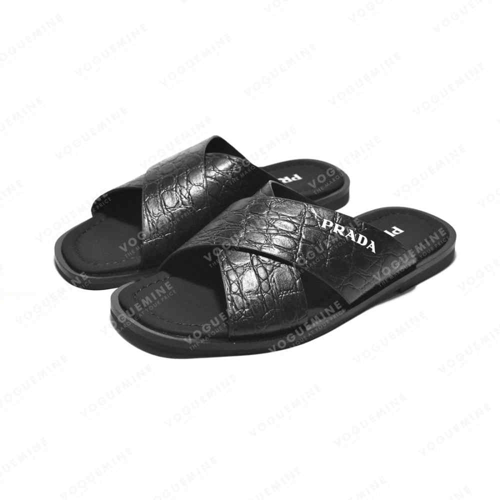 Prada Black Croc-embossed Crisscross Flip-flops