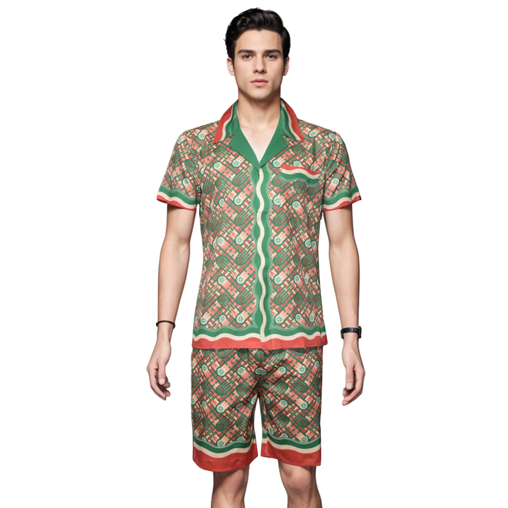Casablanca Paris Red & Green Mens Shirt & Shorts Combo