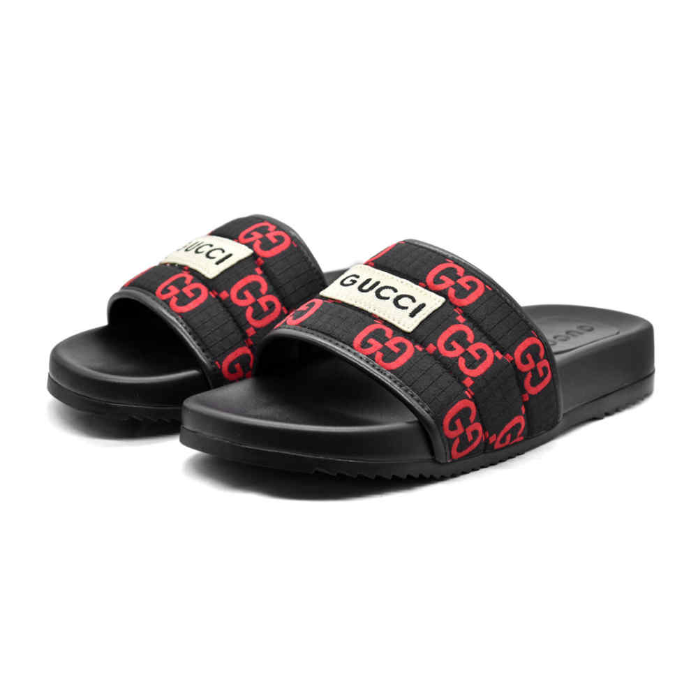 Gucci GG Canvas Black/Red Mens Flip-flops
