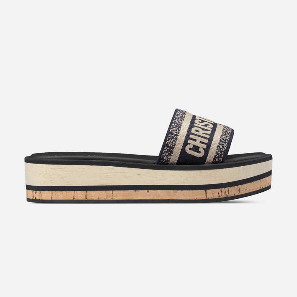 Dior Dway Platform Slide Deep Blue Embroidered Cotton Flat Sandals