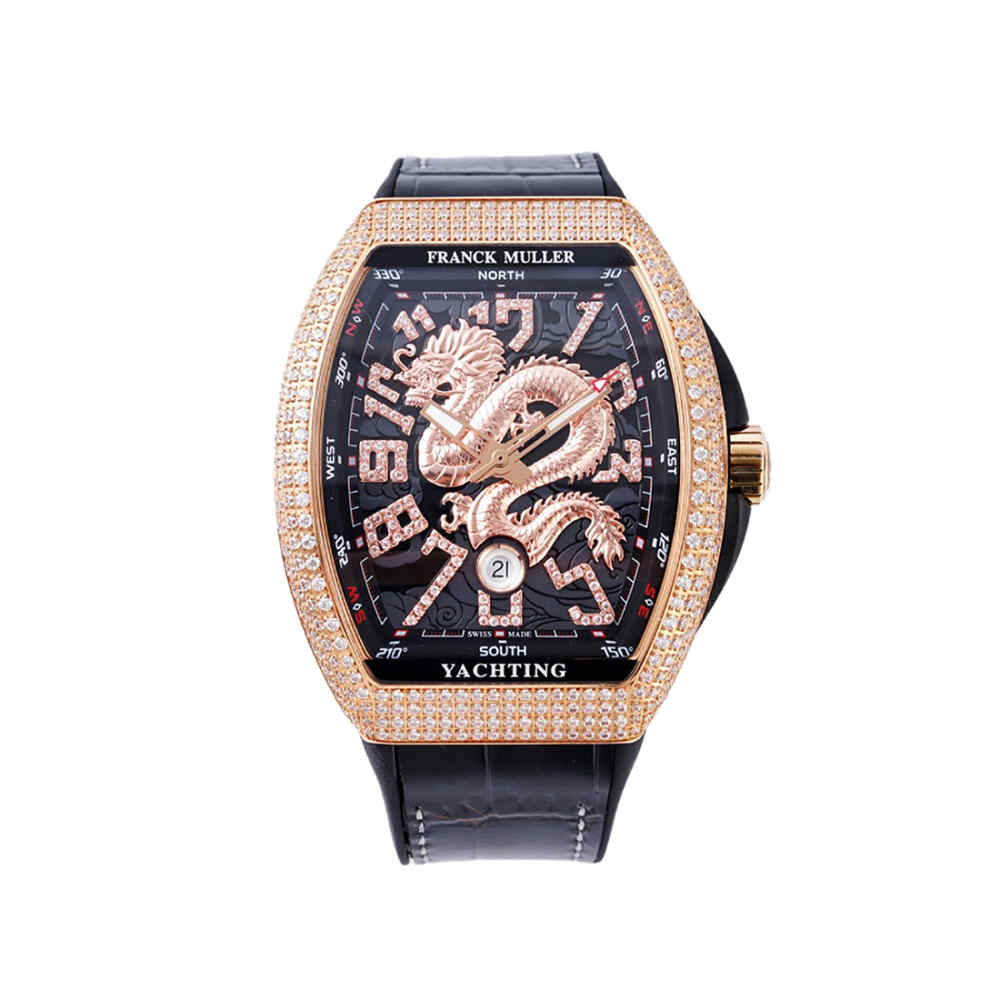 Franck Muller Vanguard Yachting Dragon Black Dial with Custom Diamond Bezel in Rose Gold V45YT