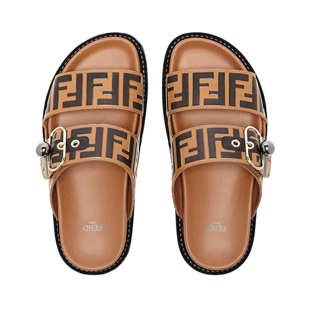 Fendi Feel FF Jacquard Brown Buckle Flat Sandals