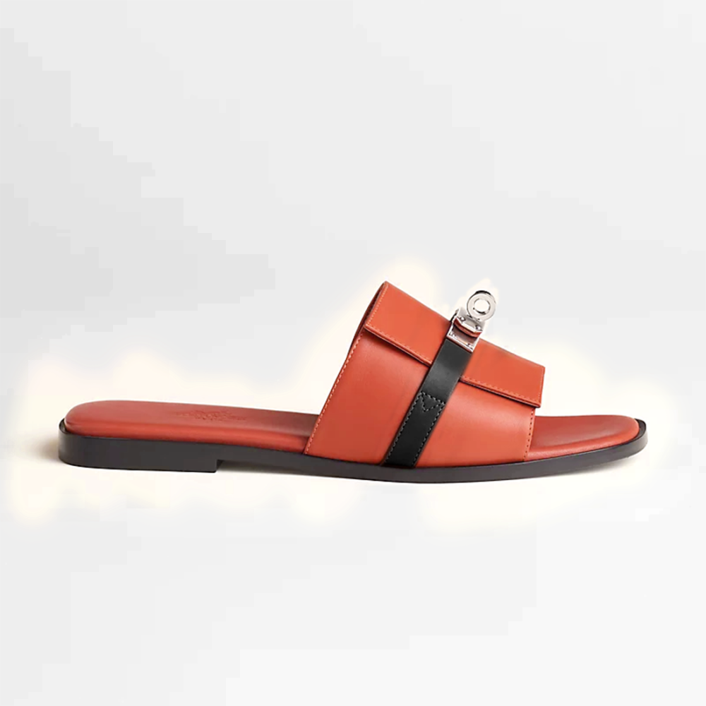 Hermes Paris Birkin Orange & Black Premium Quality Women's Flat Sandals
