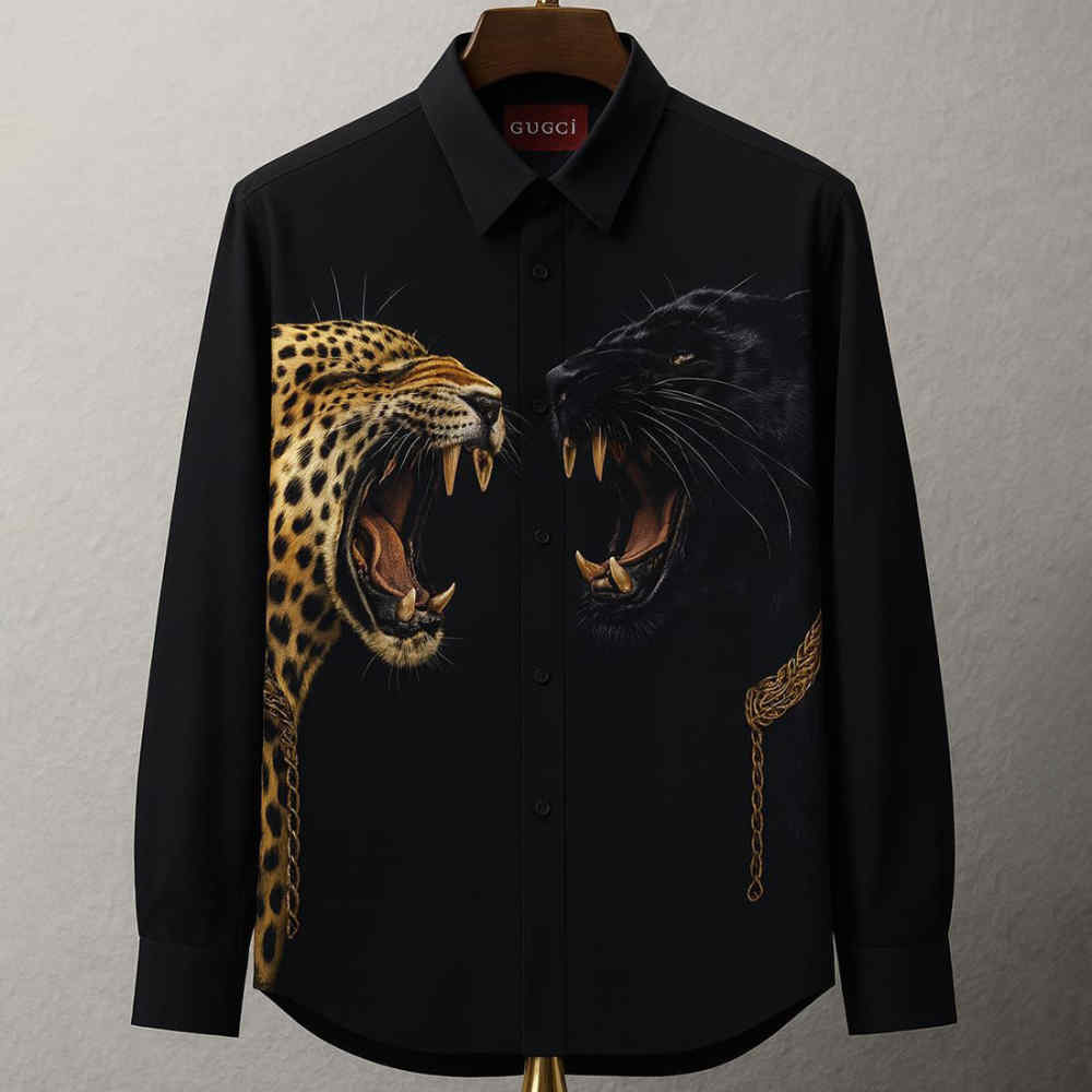 Gucci Leopard and Black Panther Black Cotton Shirt
