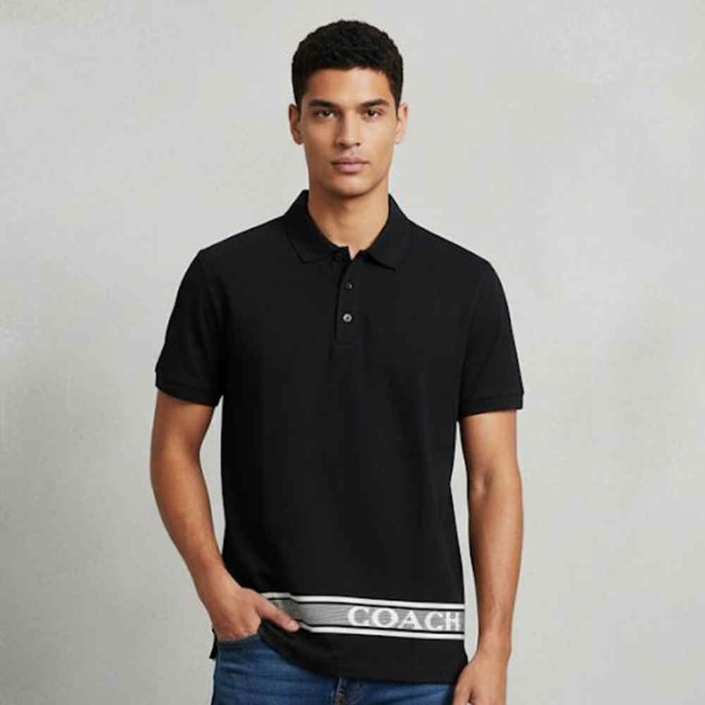 Coach Embroidered logo Striped Pique Black Polo T-shirt