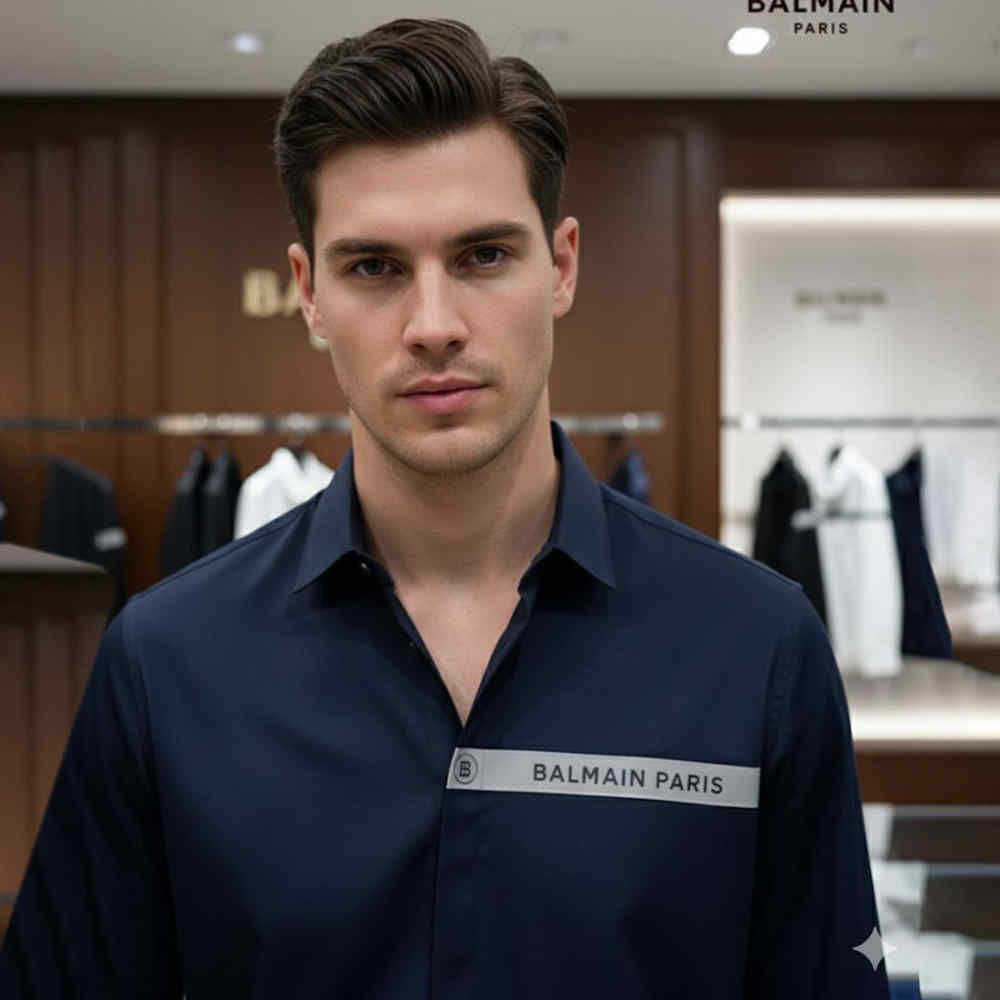 Balmain Embroidered Blue Premium Cotton Shirt