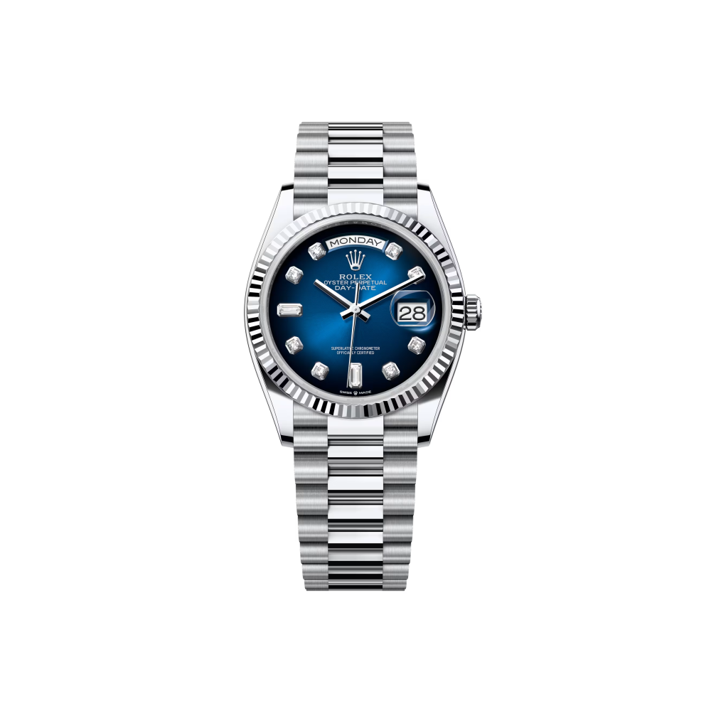 Rolex Date-just 36 mm Oyster Platinum Blue Dial 128236