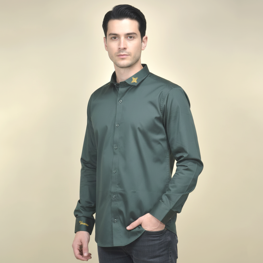 Versace Embroidered Green Premium Cotton Shirt