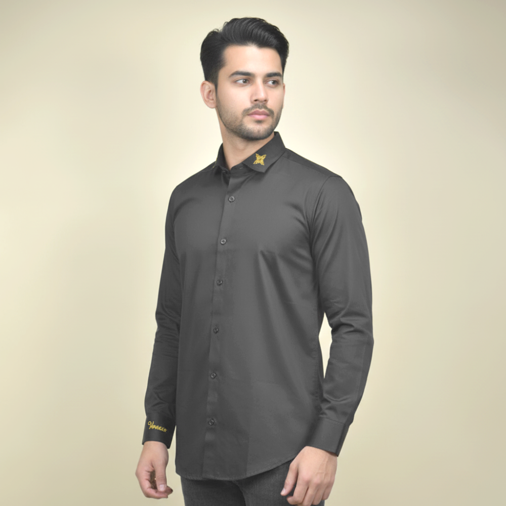 Versace Embroidered Black Premium Cotton Shirt