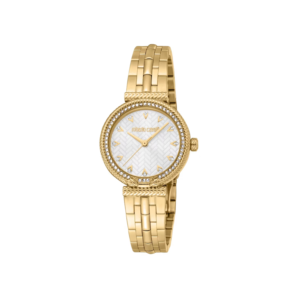Roberto Cavalli Chiarezza Snake Core Silver Dial Gold Strap Watch RC5L078M0025