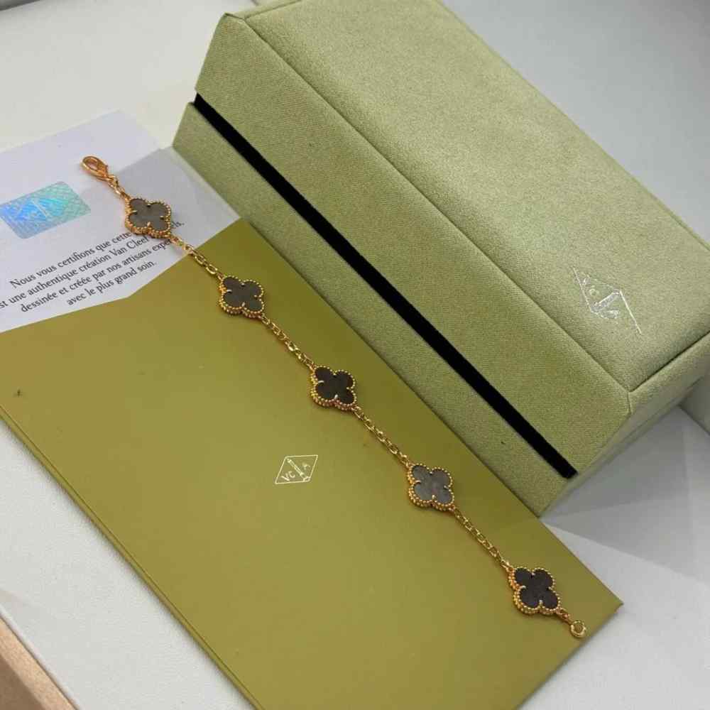 Van Cleef Alhambra Brown Stone Clover Gold Color Bracelet