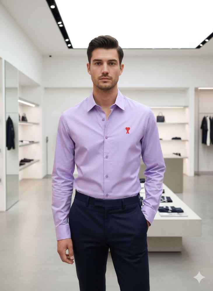 Ami Paris Heart Logo Purple Striped Shirt