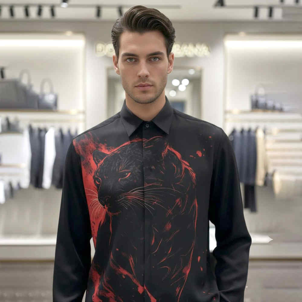 Dolce & Gabbana Crimson Wildcat Print Black Premium Quality Cotton Shirt