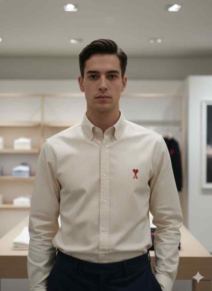 Ami Paris Heart Logo Cream Striped Shirt