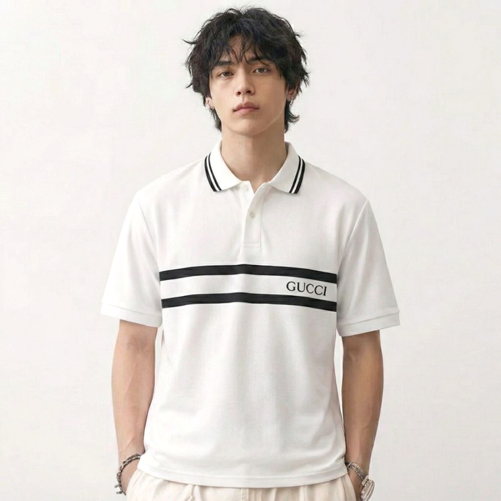 Gucci White Cotton Polo T-Shirt with Gucci Print