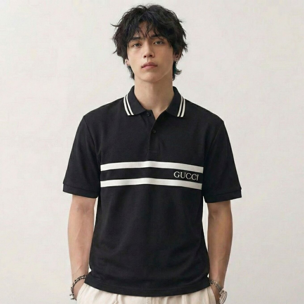 Gucci Black Cotton Polo T-Shirt with Gucci Print