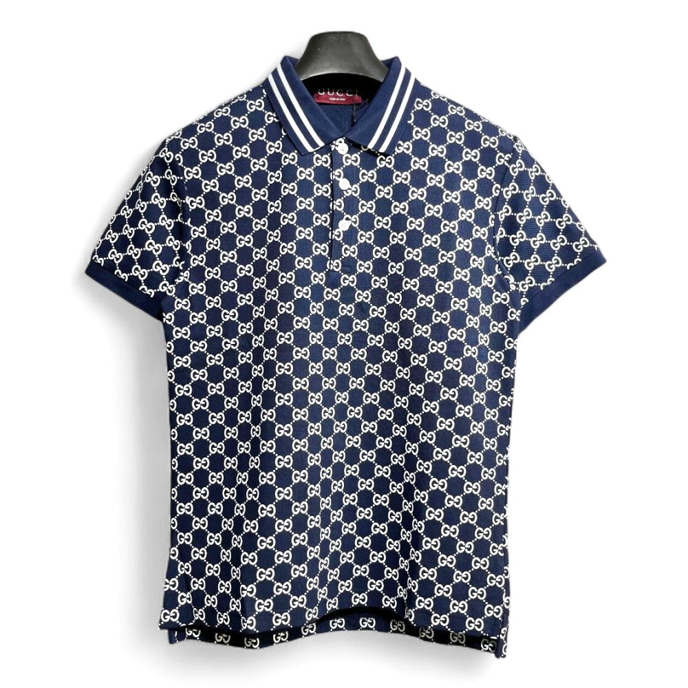 Gucci GG Cotton Piquet Jacquard Blue Polo Shirt
