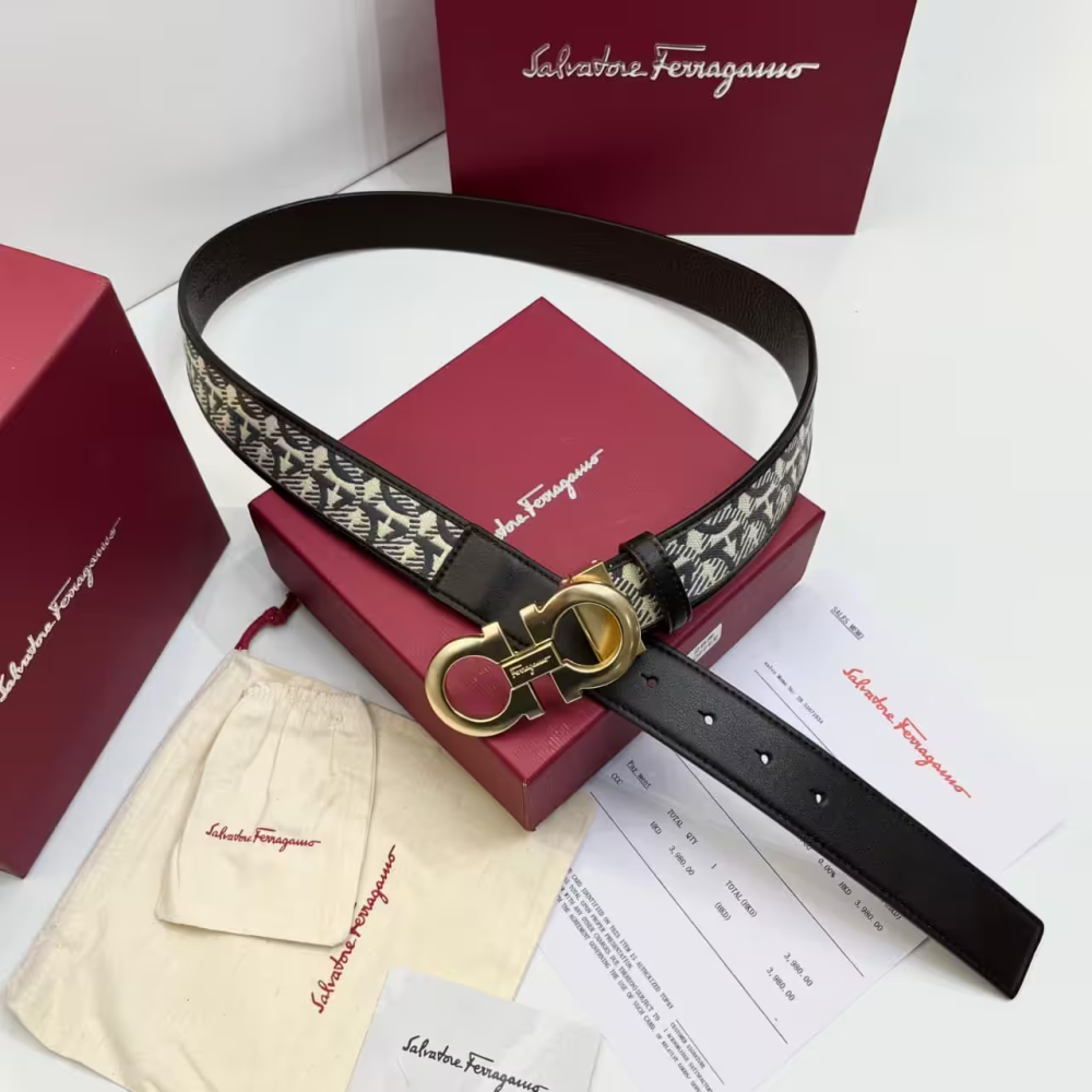Ferragamo Adjustable Black & Golden Gancini Belt