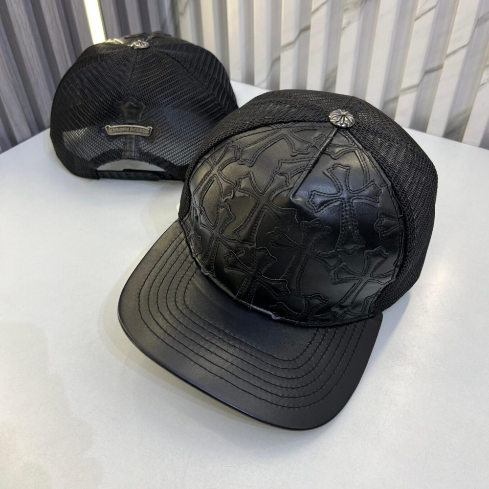 Chrome Hearts Cemetery Cross Leather Stitched Trucker Caps