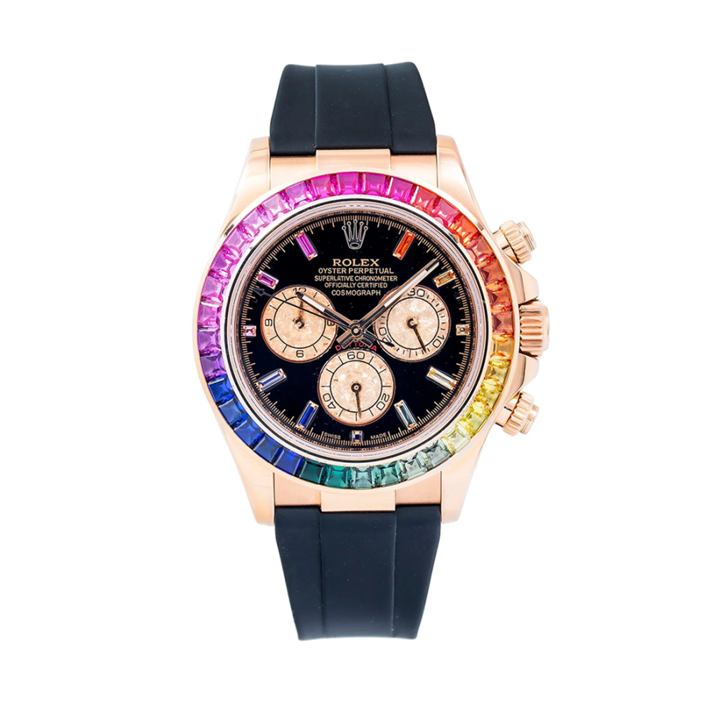 Rolex Cosmograph Daytona 116505 Black Rainbow Hour Diamond Dial Rainbow Gemstone Bezel Black Rubber Strap Watch