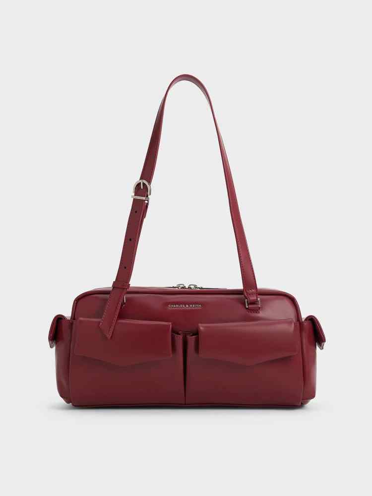 Charles & Keith Rachel Multipocket Wine Shoulder Bag