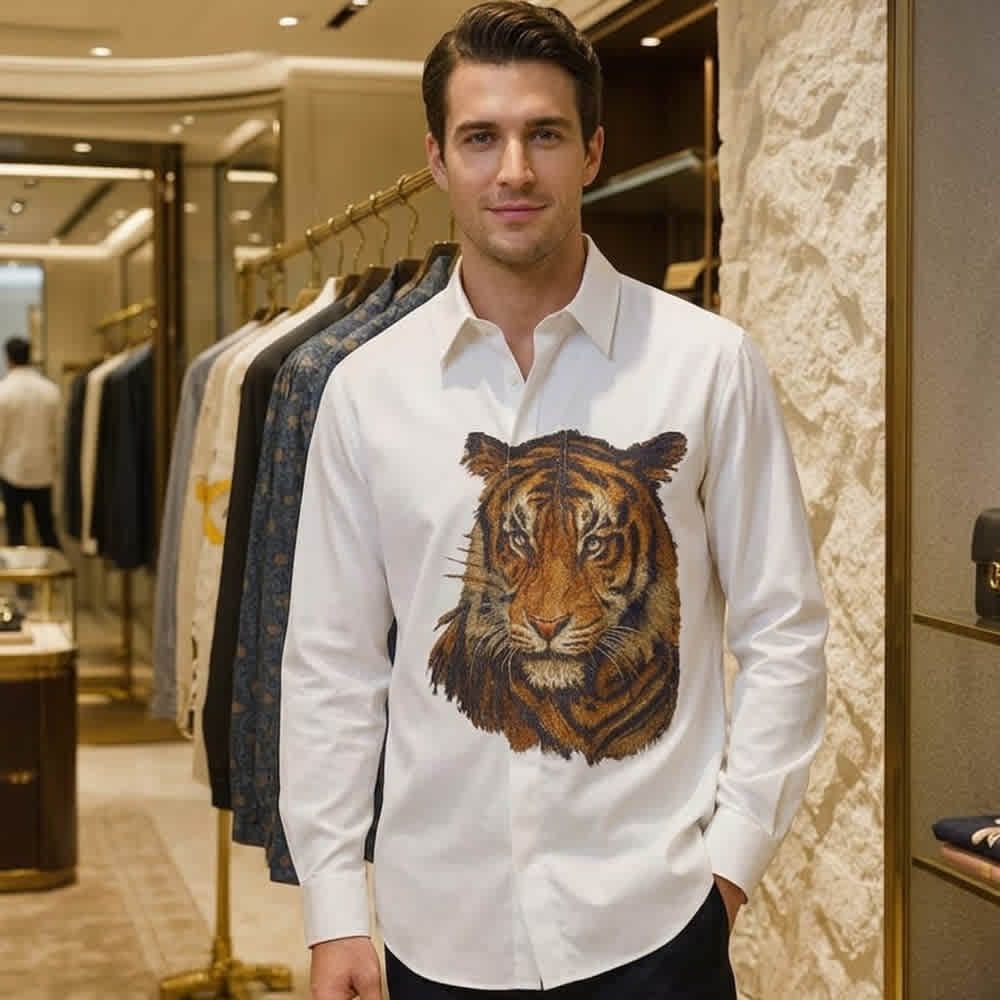 Gucci White Royal Tiger Embroidered Coltton Shirt