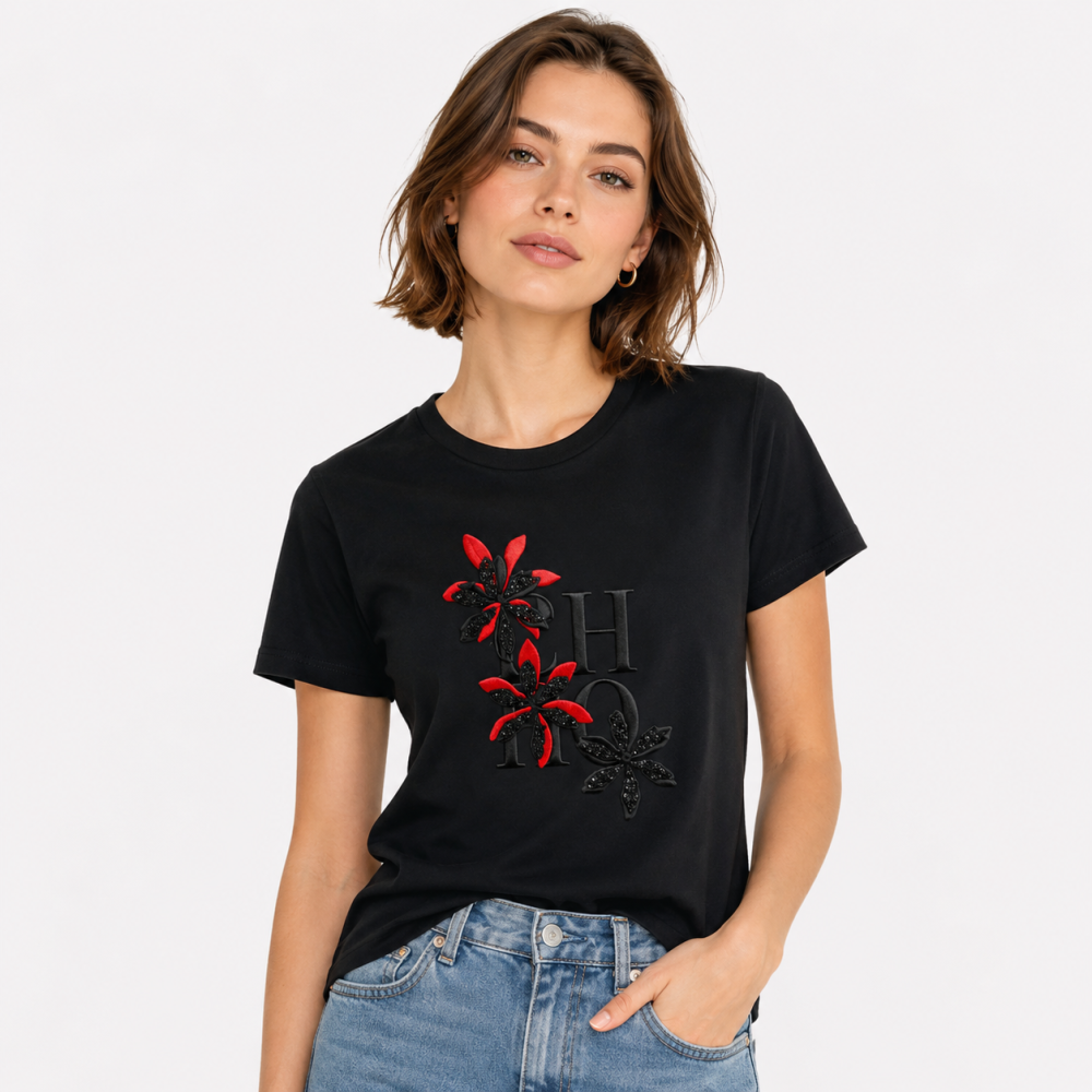 Carolina Herrera Floral Logo Black Cotton T-Shirt
