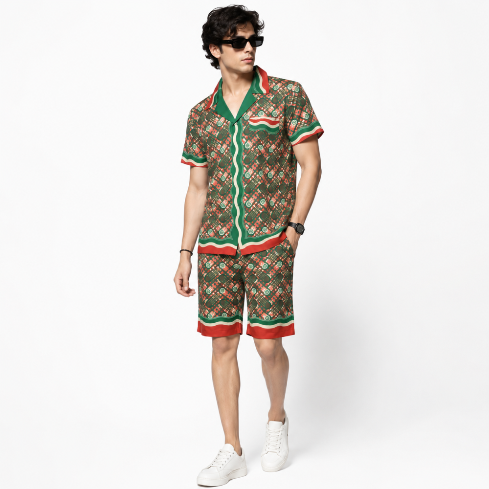 Casablanca Paris Red & Green Mens Shirt & Shorts Combo