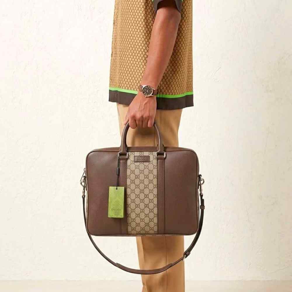 Gucci GG Supreme Brown Leather Canvas Briefcase