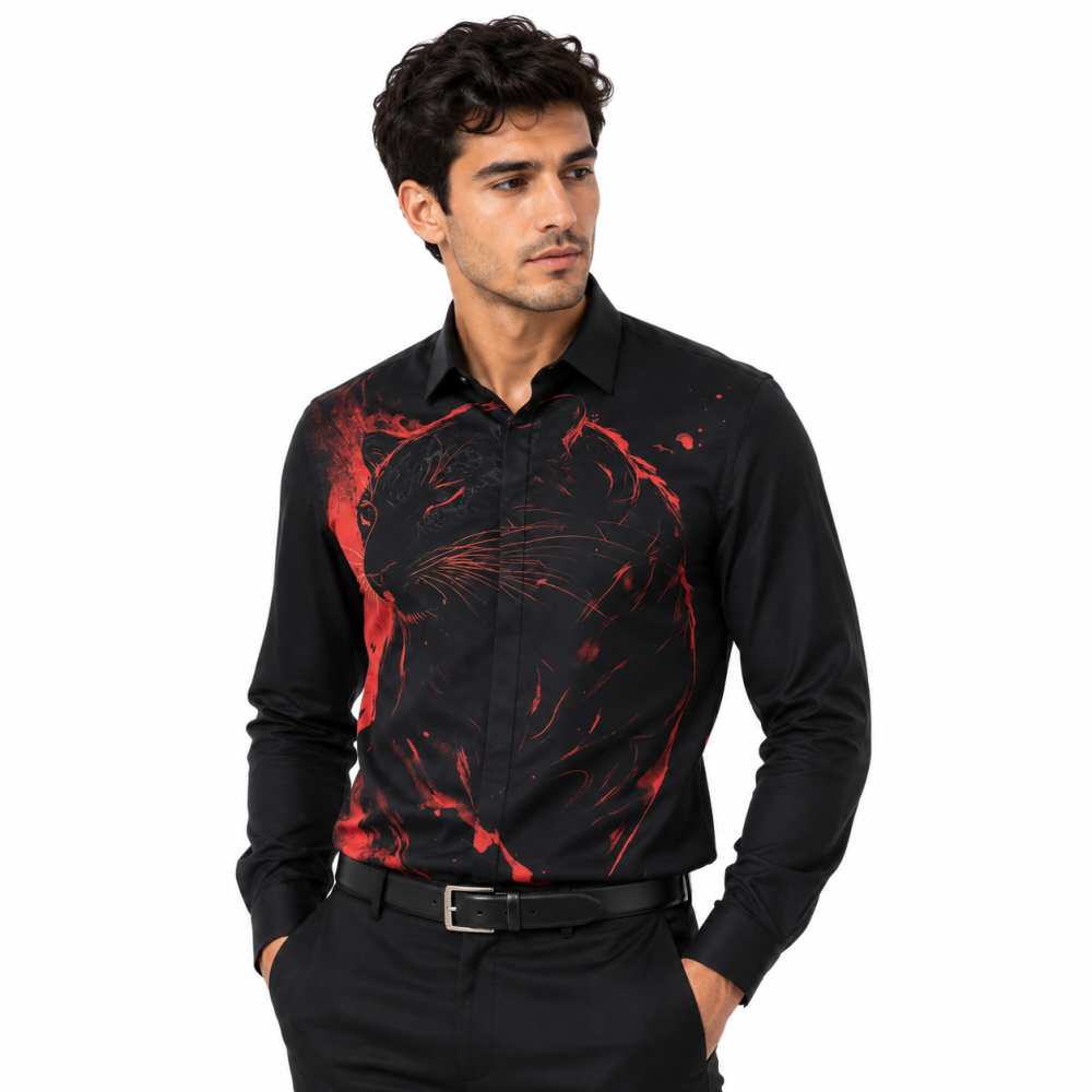 Dolce & Gabbana Crimson Wildcat Print Black Premium Quality Cotton Shirt