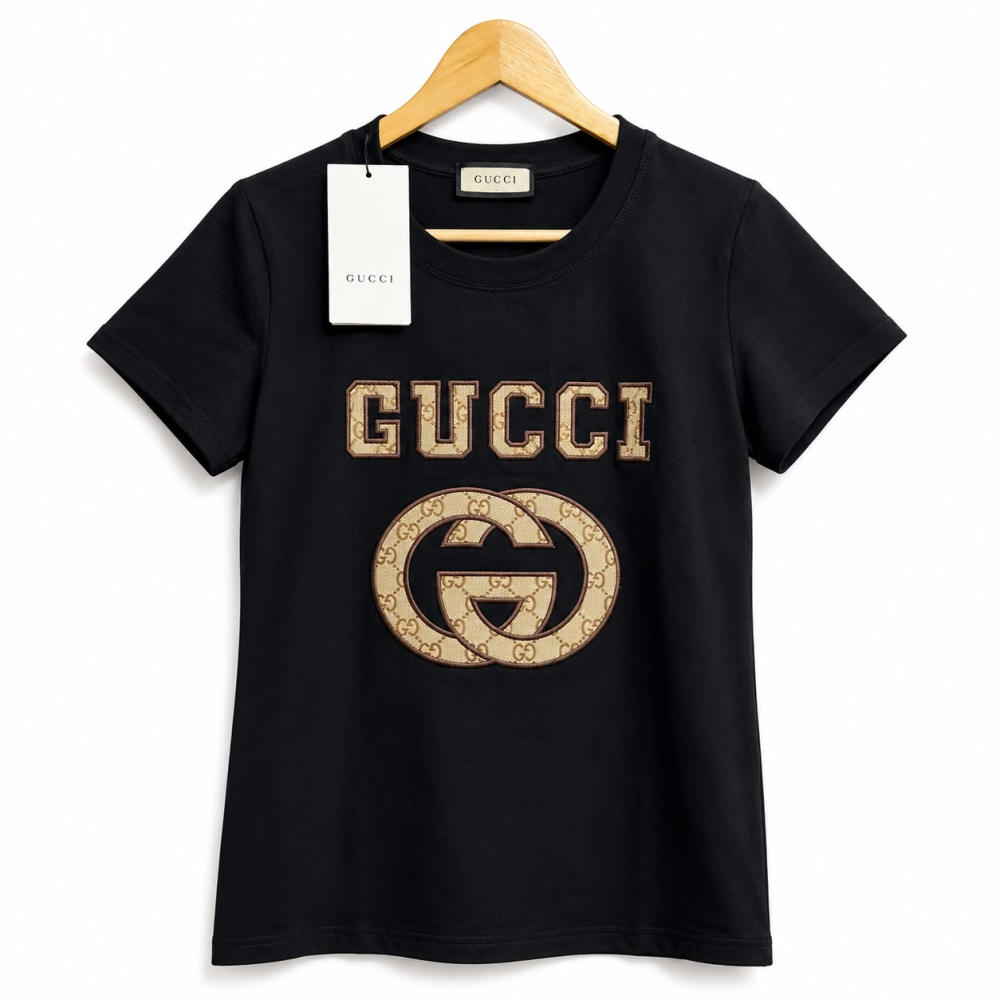 Gucci Interlocking G Patch Black Cotton T-Shirt